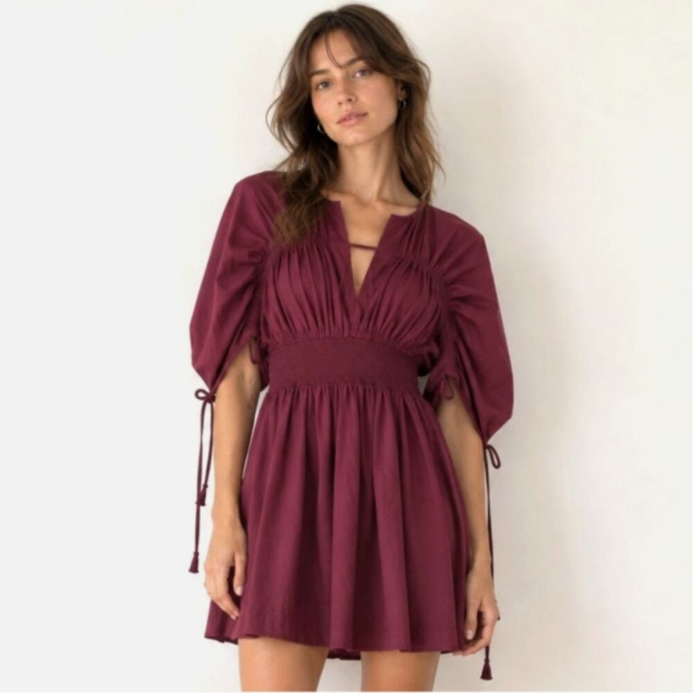 NWT MISA Burgundy Smocked Mini Dress Balloon Sleeve Boho Resort Structural-M